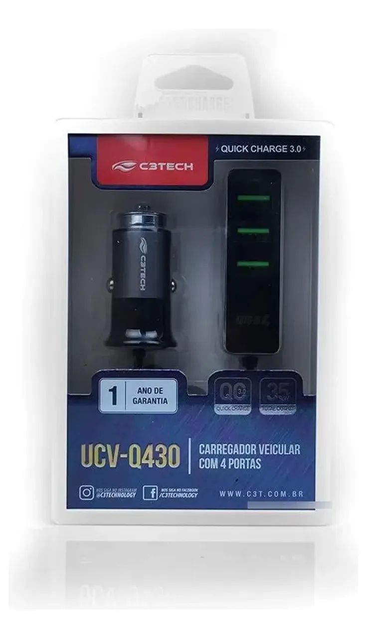 Carregador Veicular com 4 USB UCV-Q430BK C3Tech