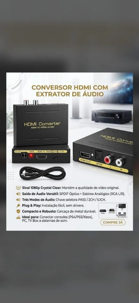 Extrator de Áudio HDMI para HDMI + SPDIF Óptico e RCA (L/R)