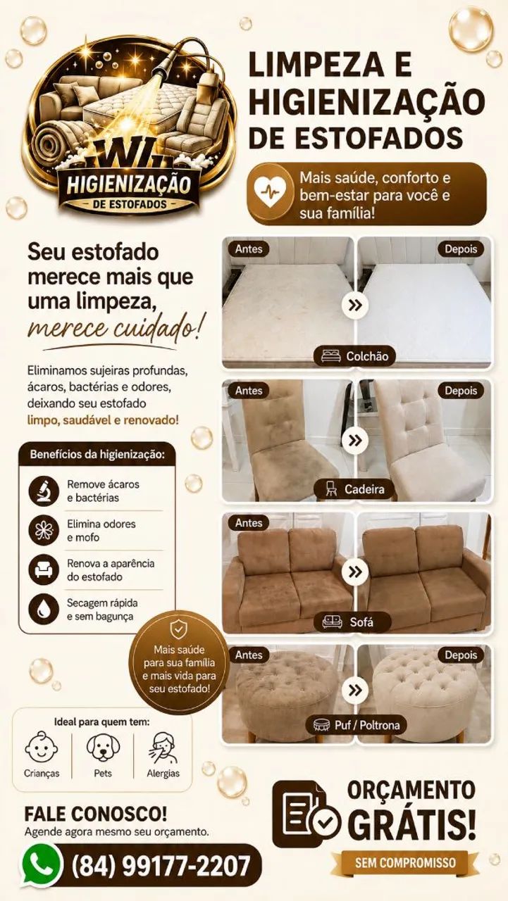 Limpeza e higienização de estofados.