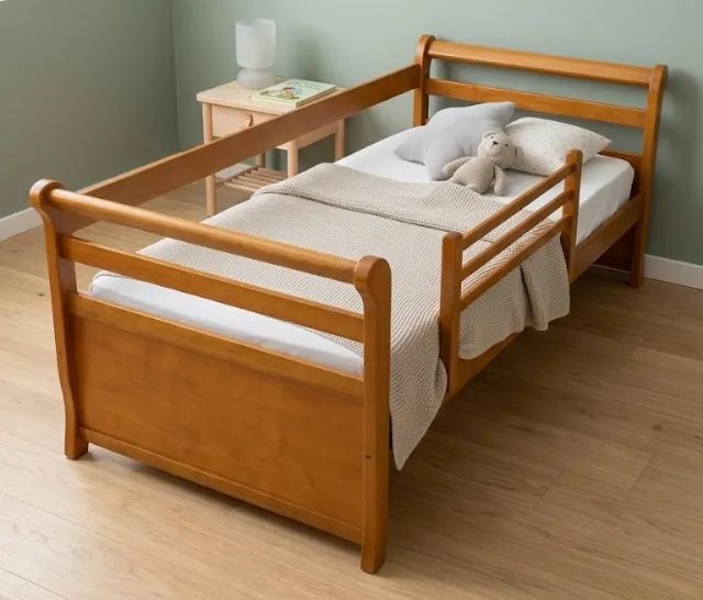 Cama de solteiro de madeira maciça com grade de proteção removível