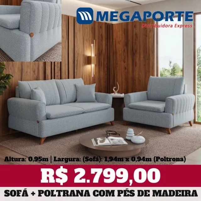 Sofá 2 Lugares + Poltrona com Pés de Madeira (Novo) Entrega Grátis!  - Foto 3