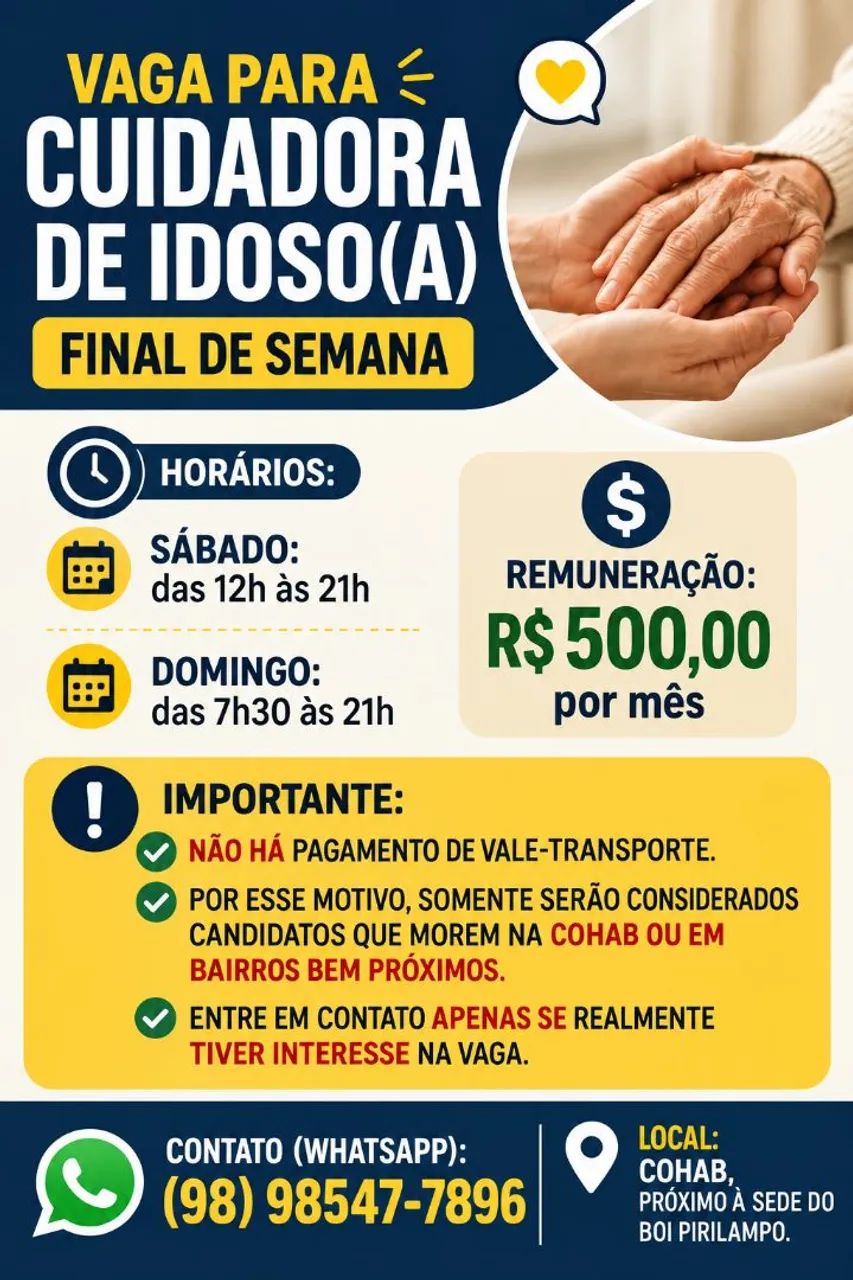 VAGA PARA CUIDADORA DE IDOSO(A) - FINAL DE SEMANA