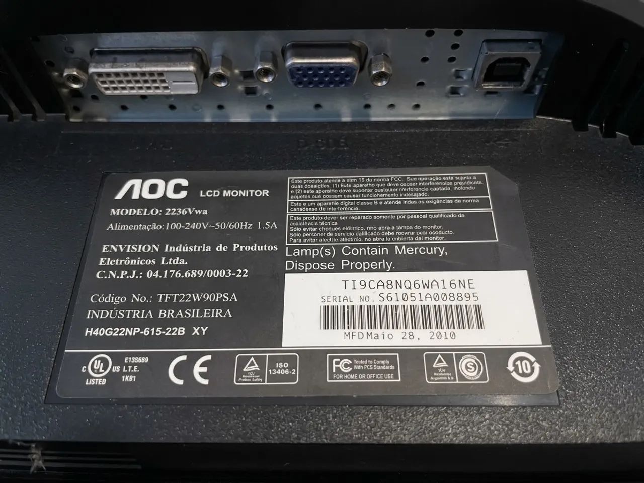 Monitor LCD AOC 21.5" (Modelo 2236Vwa) - R$ 150 - Foto 3