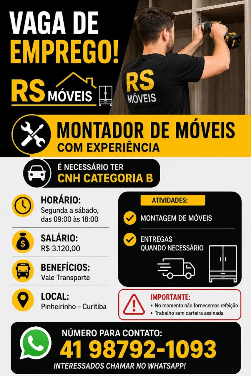MONTADOR DE MOVEIS COM EXPERIENCIA E CNH B 