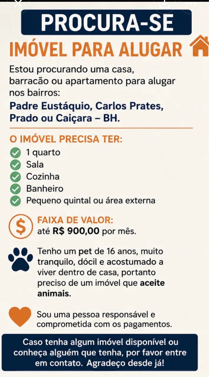 PROCURA-SE IMÓVEL PARA ALUGAR