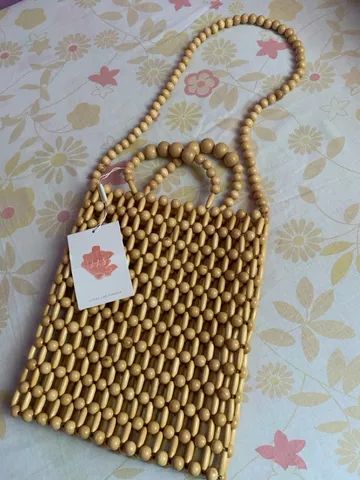 Bolsa artesanal de madeira, importada, feminina, nova
