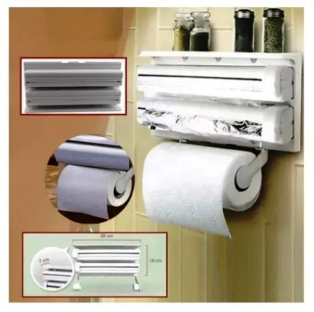 Suporte Porta Toalha de Papel Alumínio Plástico Filme de Cozinha 3 X 1 - Foto 2