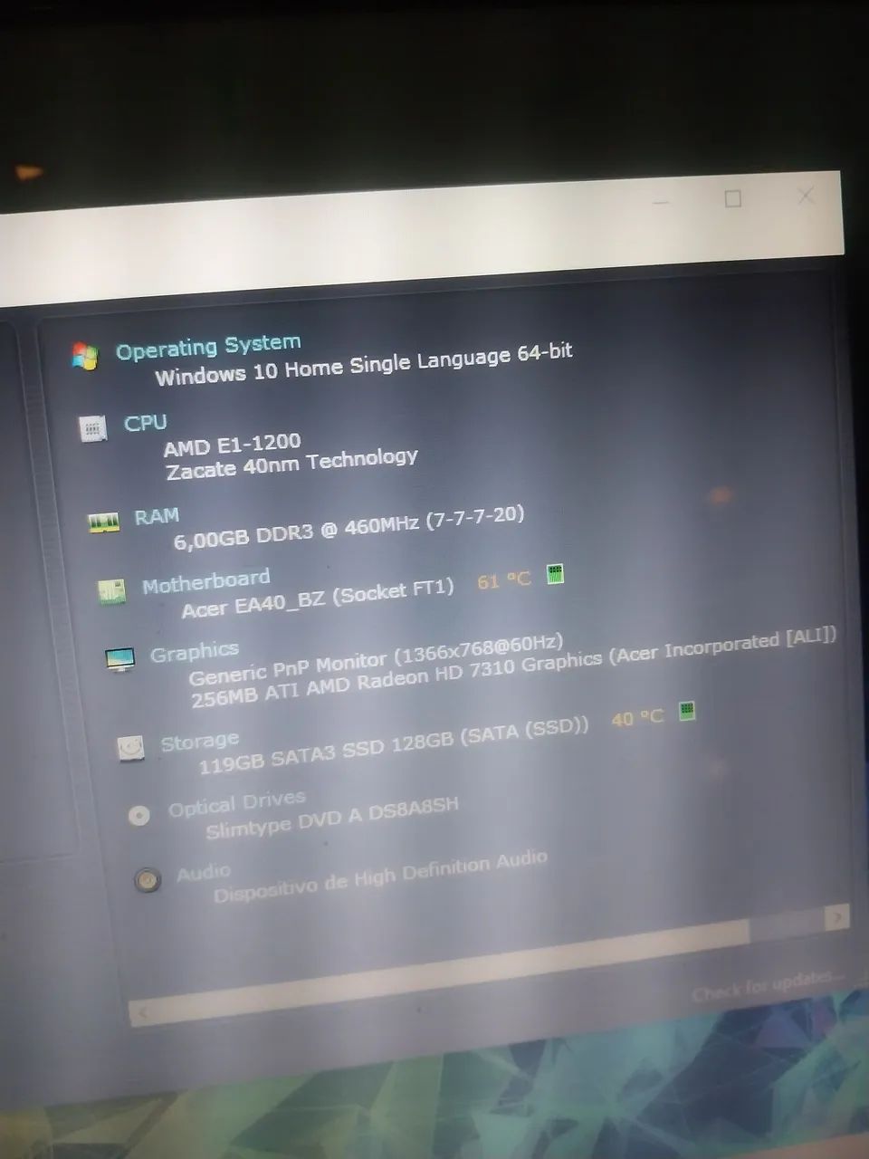 Amd E1 Socket Ft1 Notebook Acer AMD E1/ SSD 128GB/ 6GB De RAM