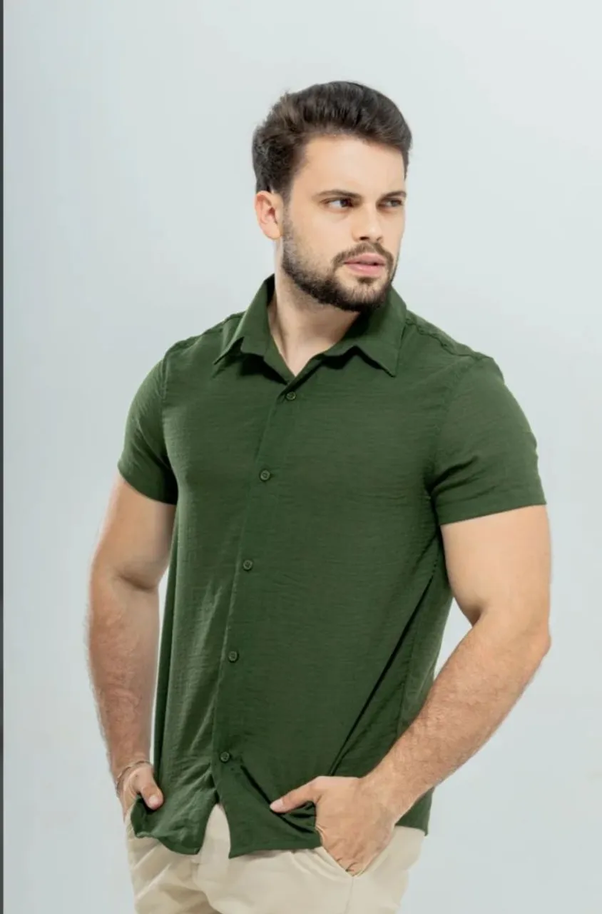 Camisa Social Verde Manga Curta Viscolinho
