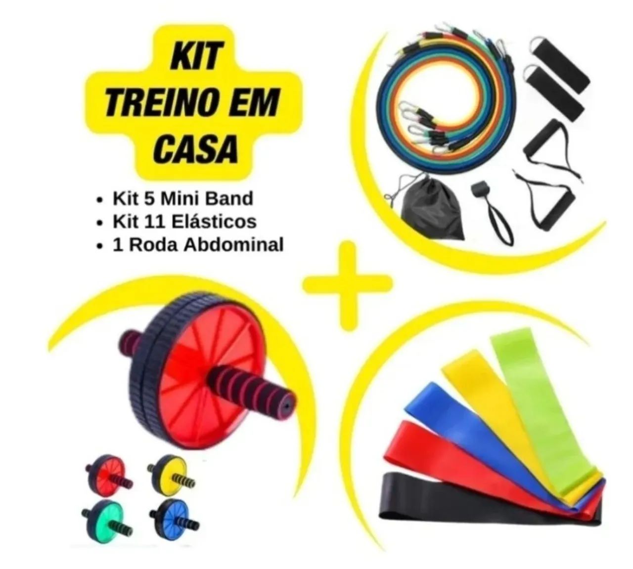 Kit Treino em Casa - Mini Band, Elásticos e Roda Abdominal