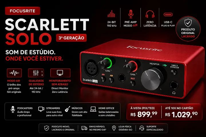Interface de Áudio Focusrite Scarlett Solo 3ª Geração USB-C | 24