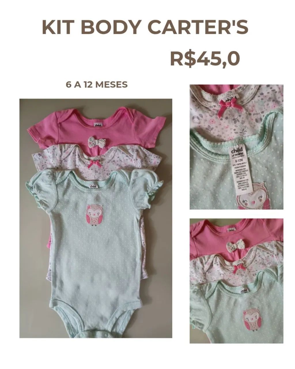 Kit Body de menina carter's 6 a 12 meses
