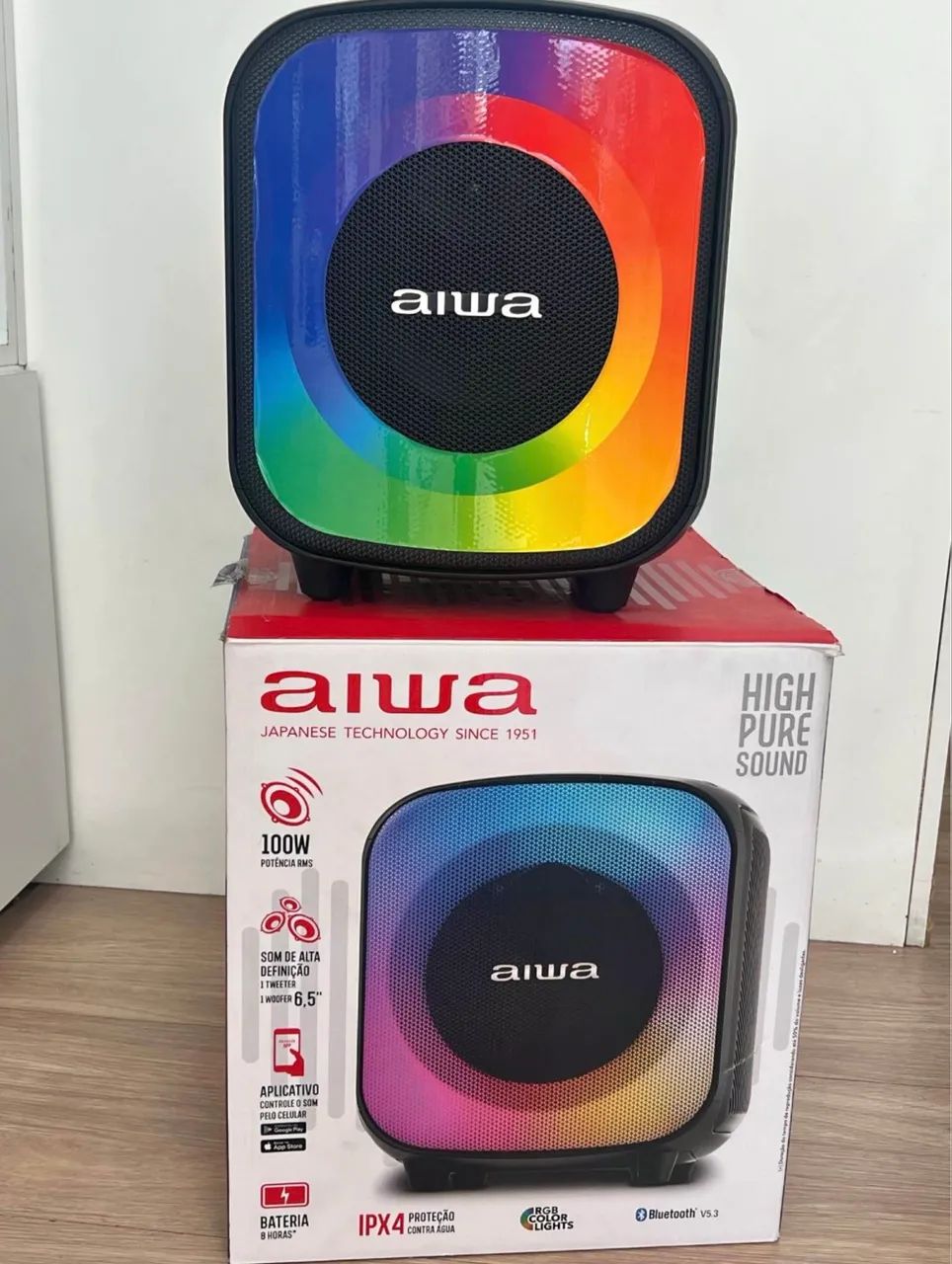Caixa de Som AIWA PARTYBOX & E um Celular REDMIN NOTE 8 