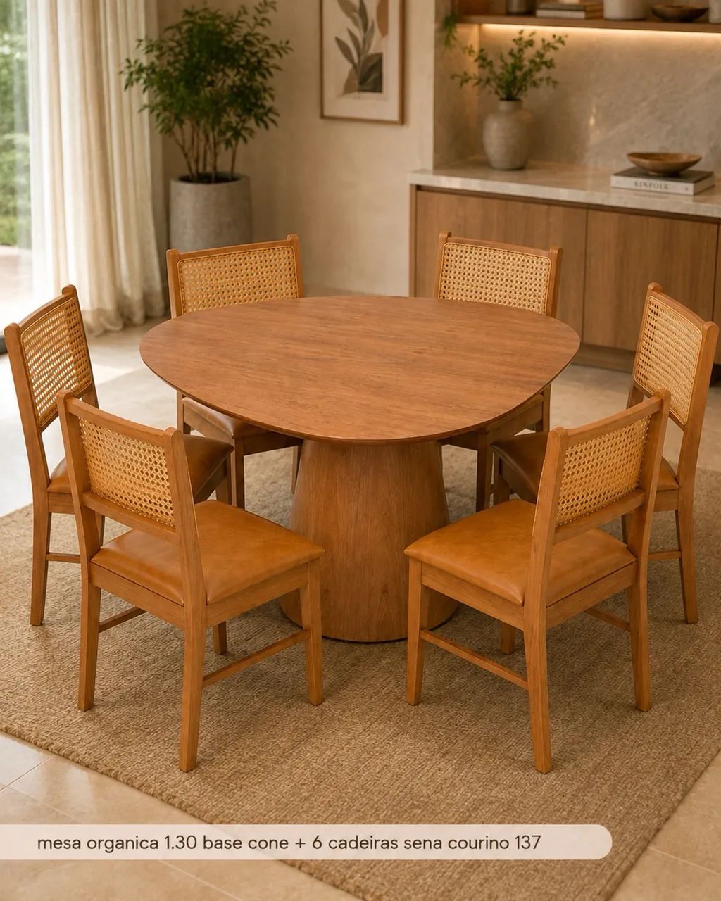 Mesa de Jantar Orgânica 130x130 Com 6 Cadeiras 