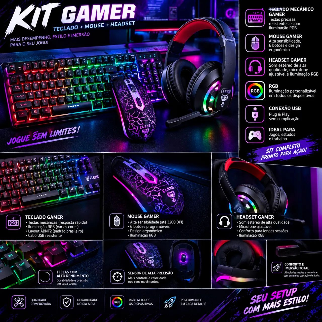 Kit Gamer Teclado, Mouse e headset. 
