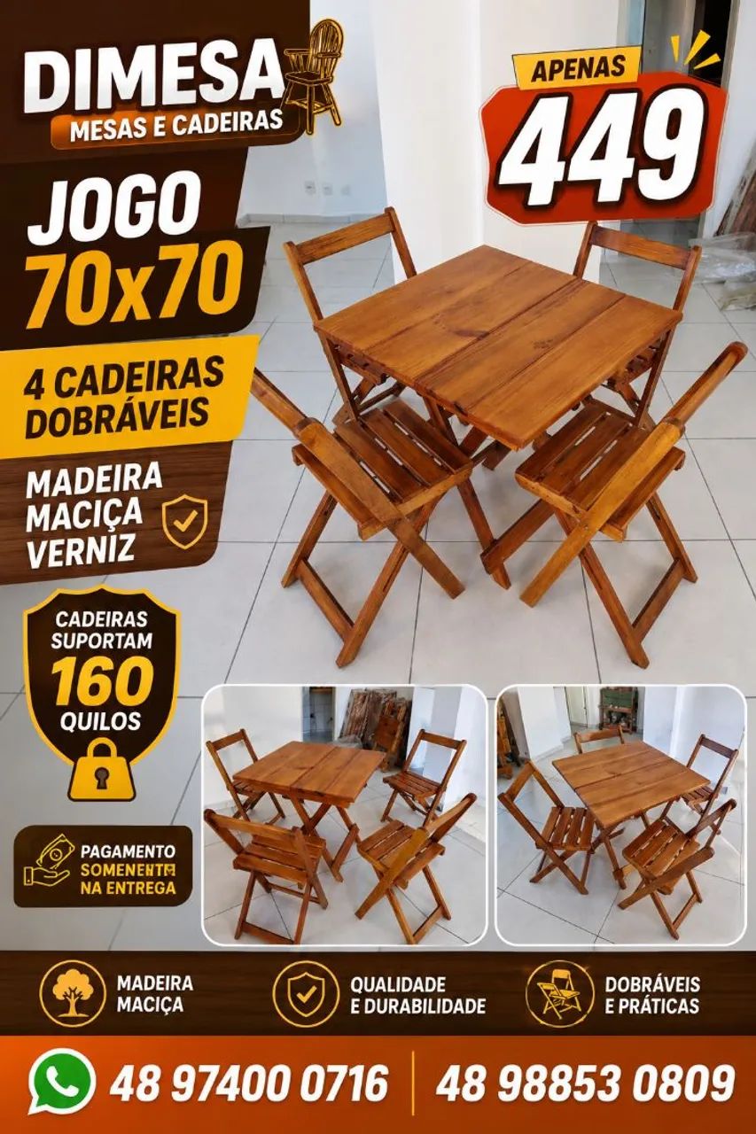 Kit 70x70 madeira maciça envernizada 4 cadeiras dobráveis  - Foto 2