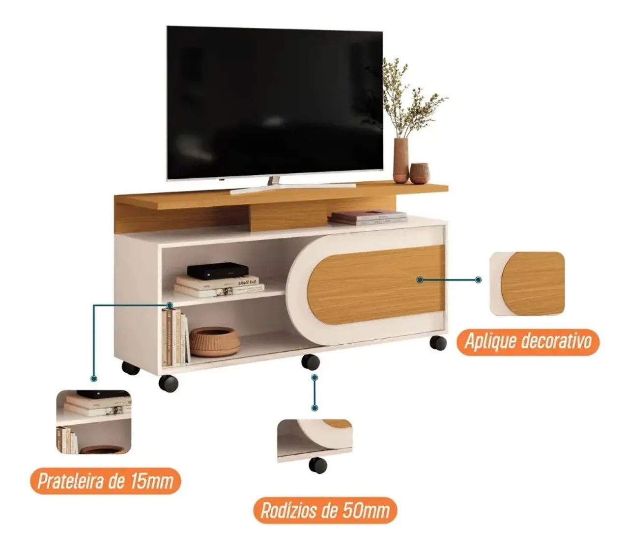Rack Para Tv Até 55 Polegadas 1 Porta De Correr Com Rodízios 1.36 Cinamomo/Off <br> - Foto 2