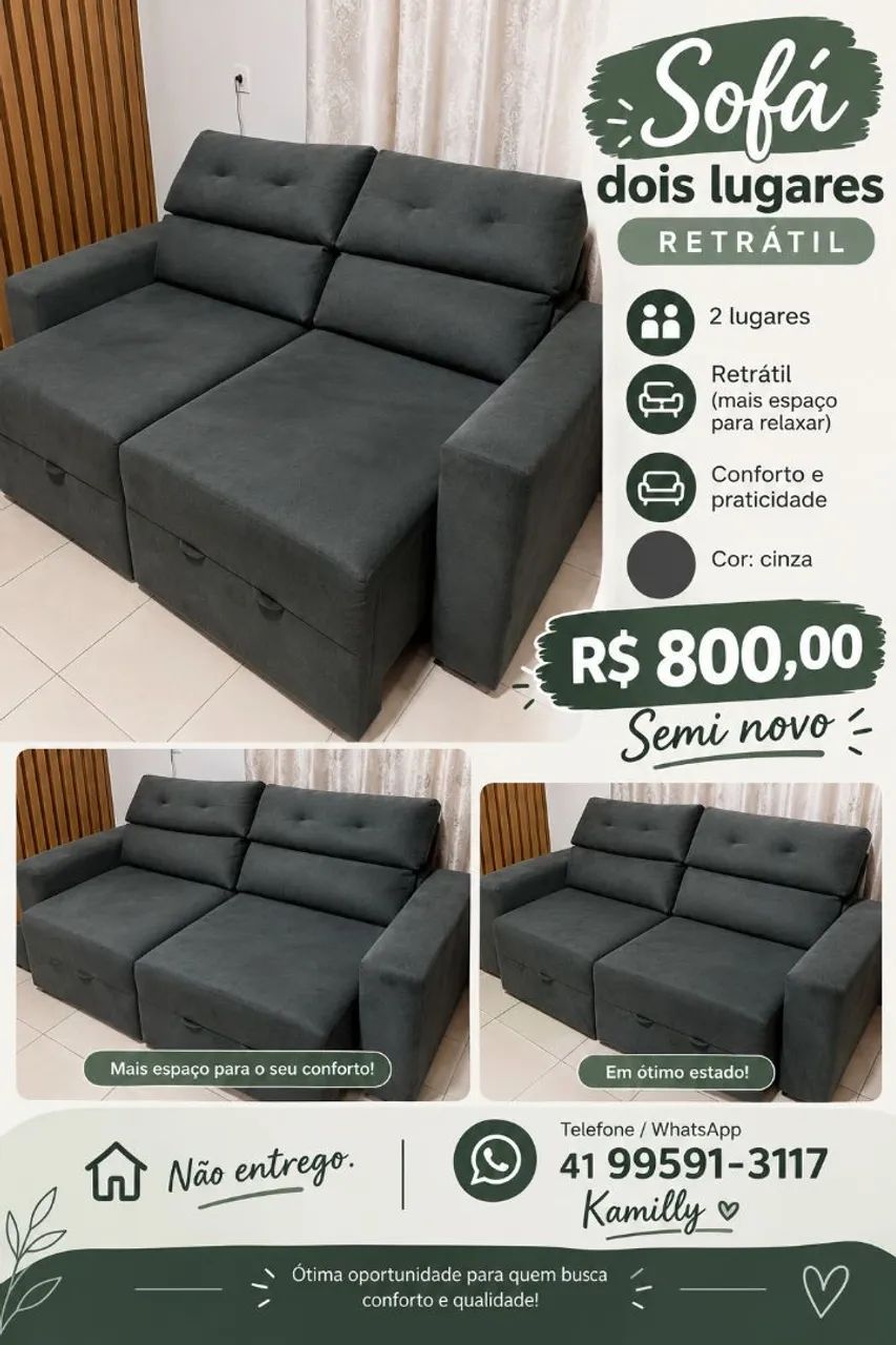 Sofá 2 Lugares Retrátil Cinza - Semi Novo