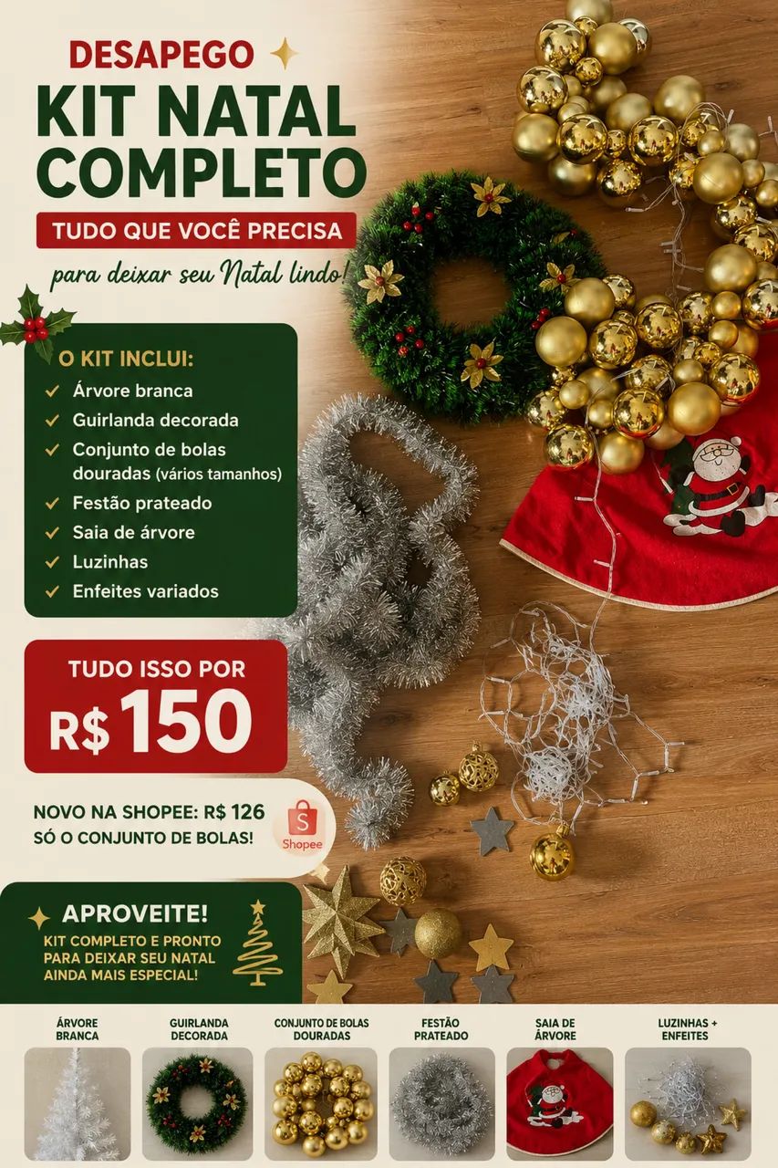 Kit de Natal Completo com bolas douradas, guirlanda e enfeites