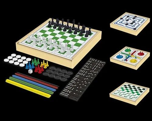 Conjunto 6x1 jogos tabuleiro xadrez damas trilha ludo junges