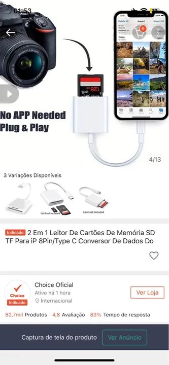 Leitor de Cartões SD TIPO C, para iPhone e Android - Adaptador Tipo C - Foto 2