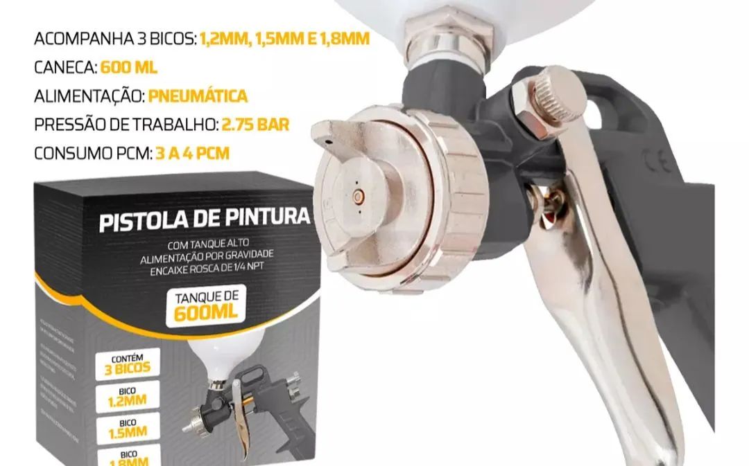Pistola de pintura gravidade Titanium 600ml + 3 bicos 1.2 1.5 1.8 - Foto 2