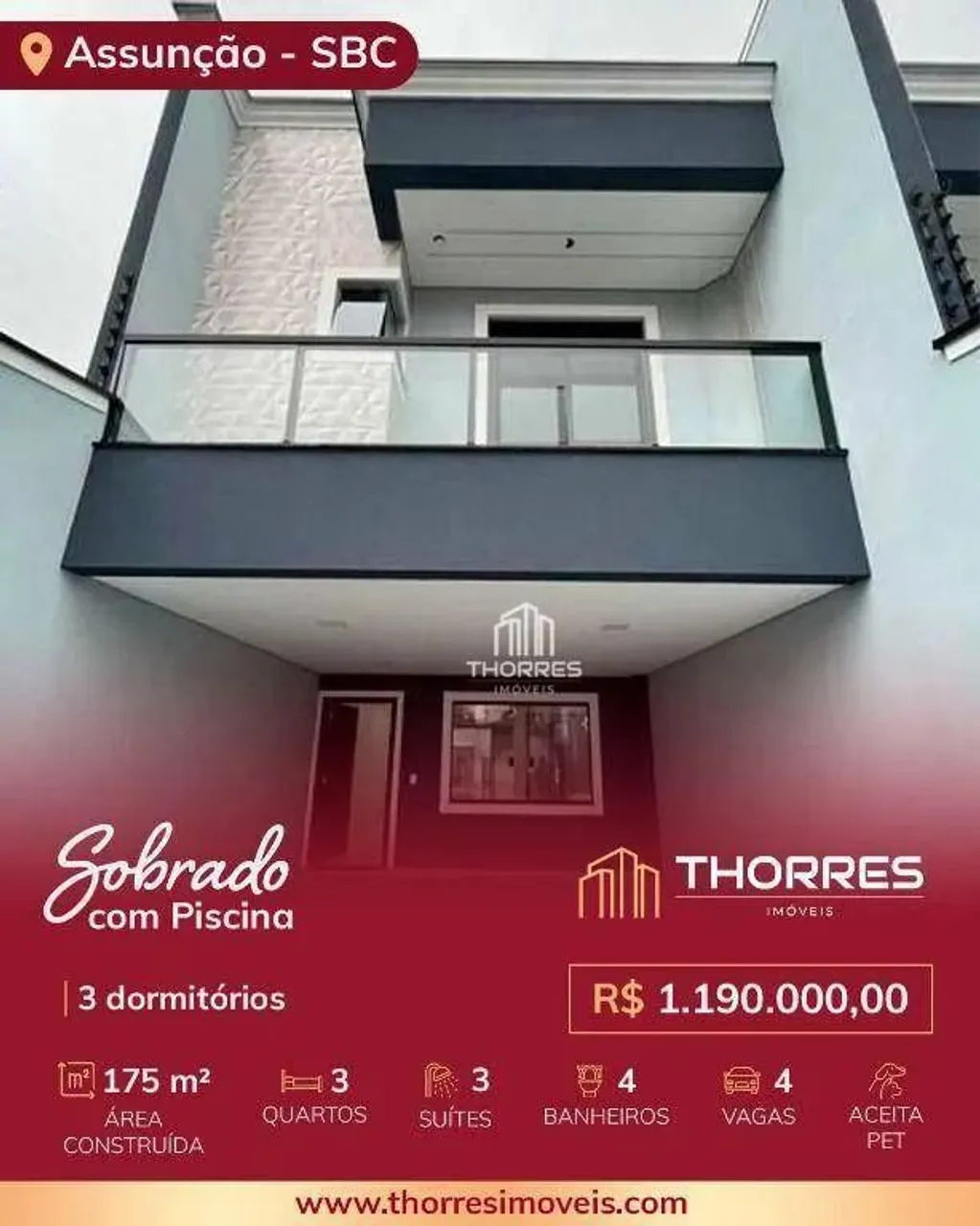 Sobrado com Piscina 3 dormitórios à venda, 175 m² por R$ 1.190.000 - Assunção - São Bernar