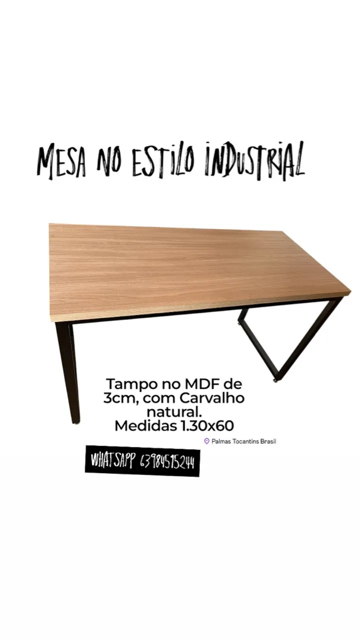 Mesa Industrial com Tampo em MDF Carvalho Natural