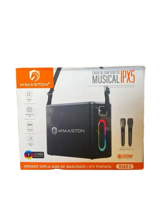 Caixa De Som Hmaston Rn03 120w Com Led Rgb/ 2 Microfone