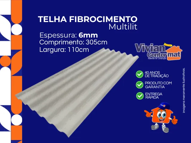 Telha Fibrocimento 6mmx110x305cm Mulitilit