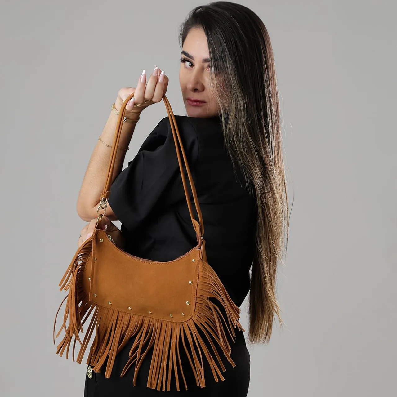 Bolsa de Ombro caramelo com Franjas atacado ou varejo ?