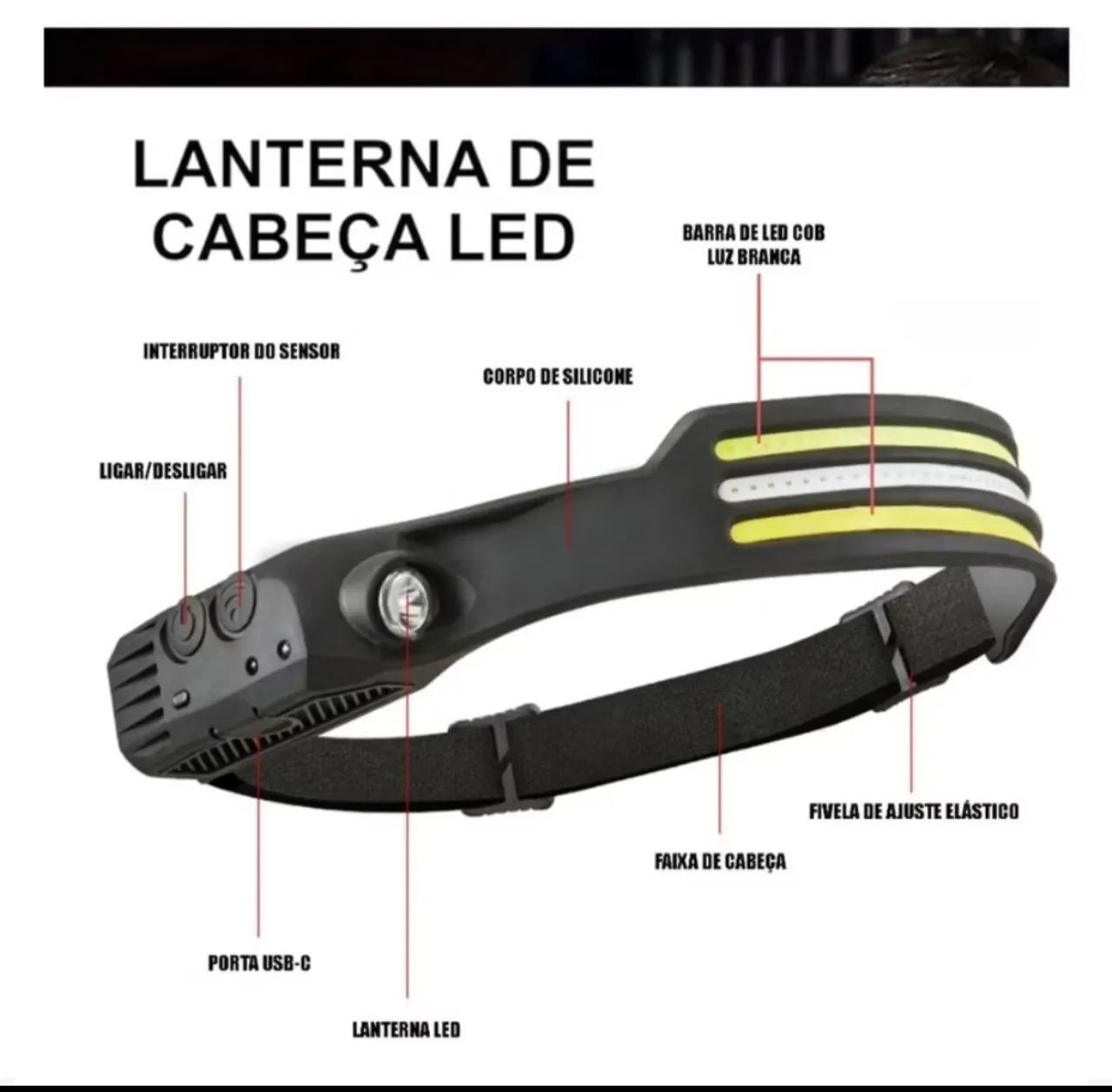 Lanterna de Cabeça Dupla Fita de Led com Sensor - Foto 4