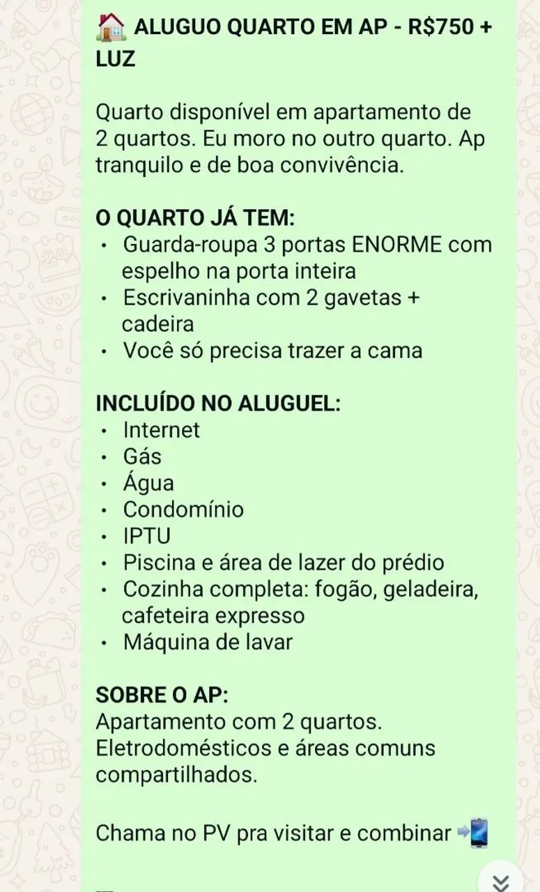 Quarto em apartamento R$750,00 + luz