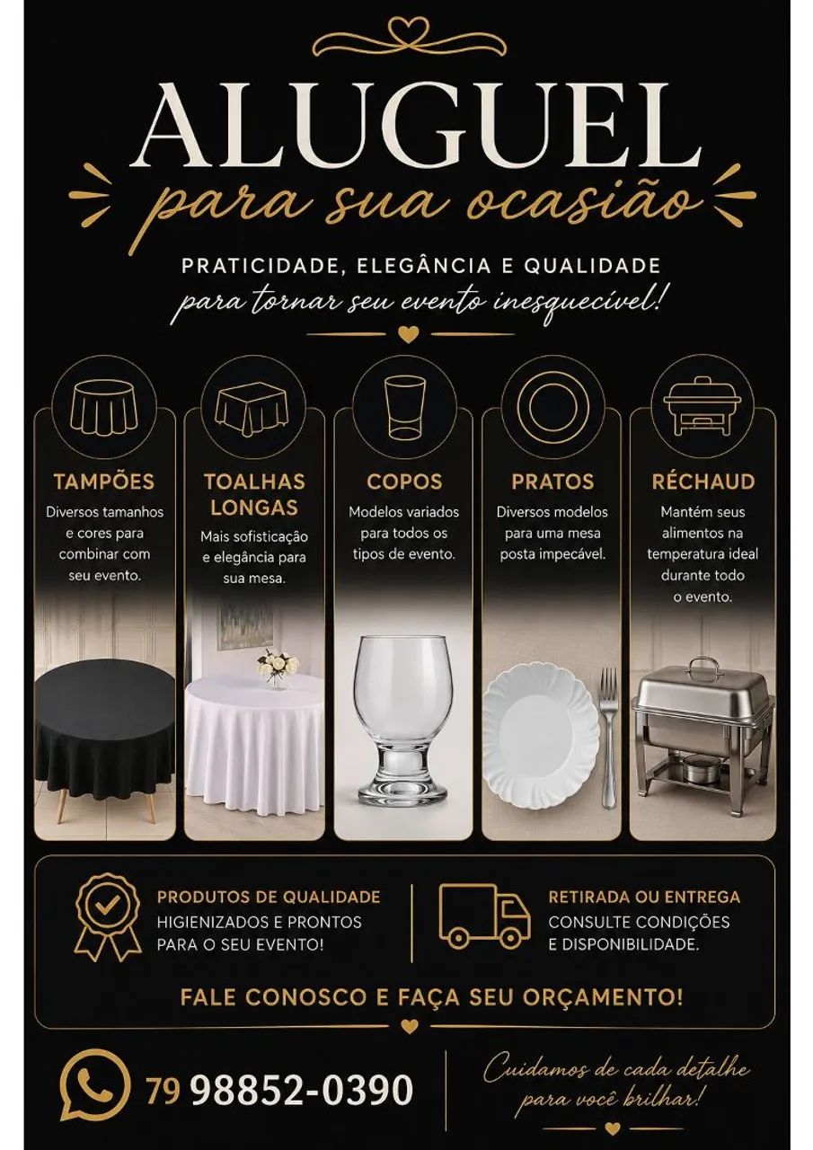 Aluguel de copos, talheres, pratos e réchaud. 