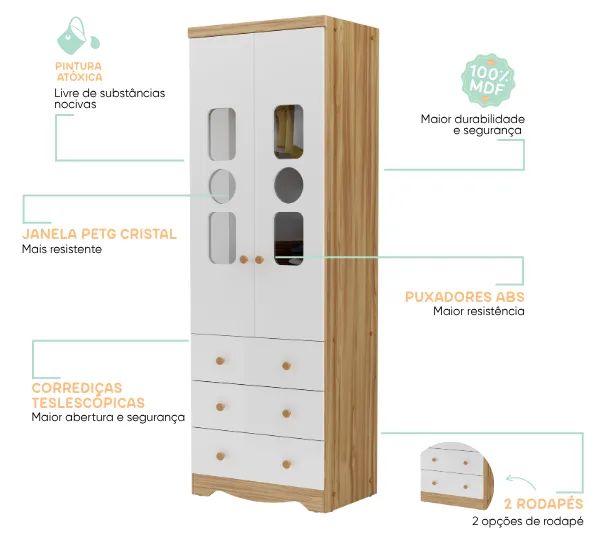 Roupeiro Tedy 2 Portas, 100% MDF - Peroba