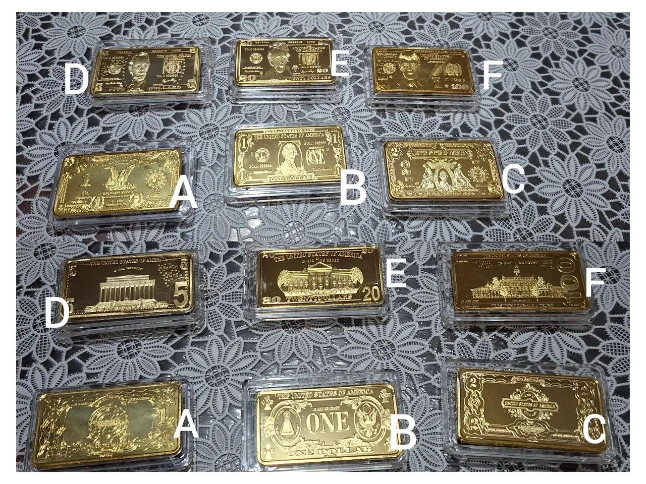 Barrinhas banhadas a ouro e prata, estampas de moedas de dólar, item para colecionar.