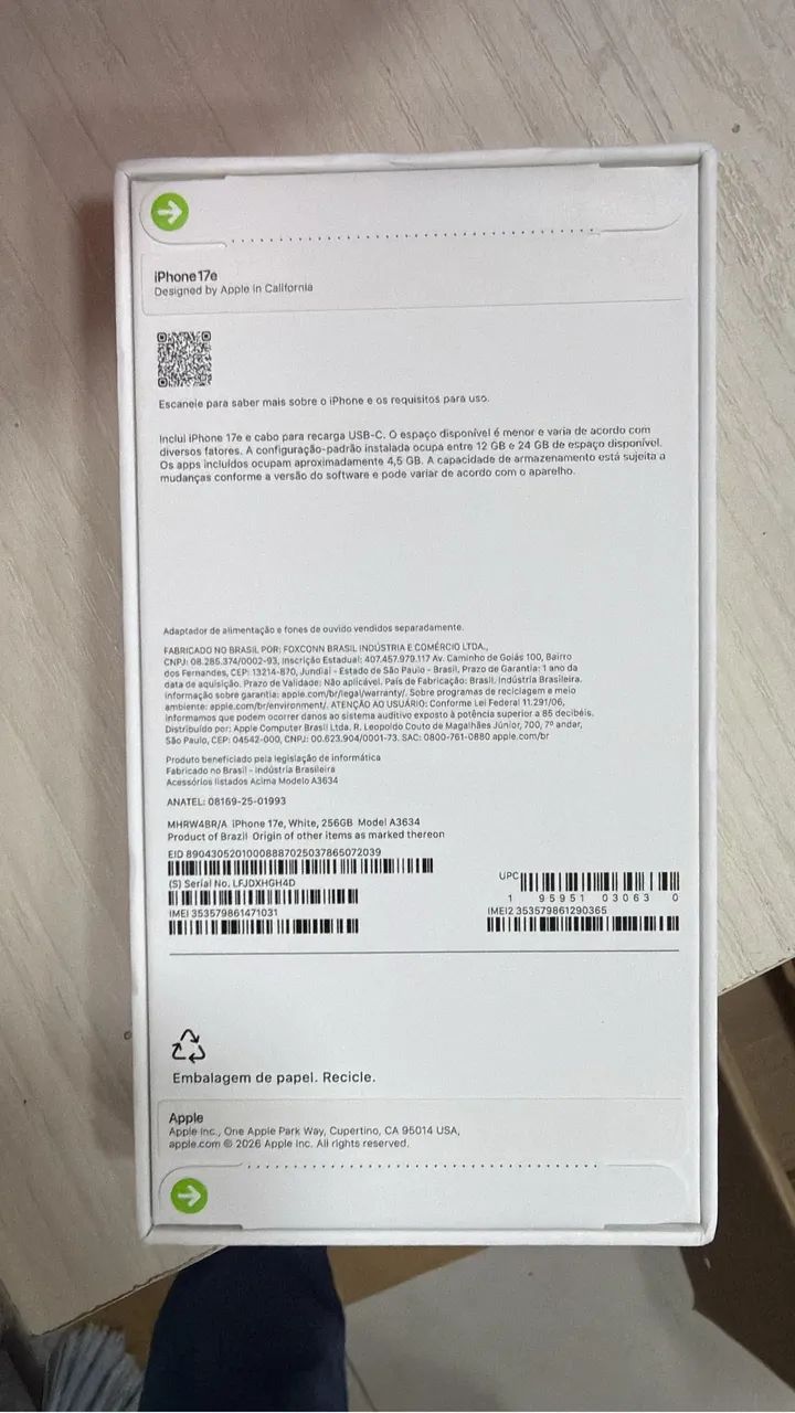 iPhone 17e lacrado e na caixa 256g cor branco