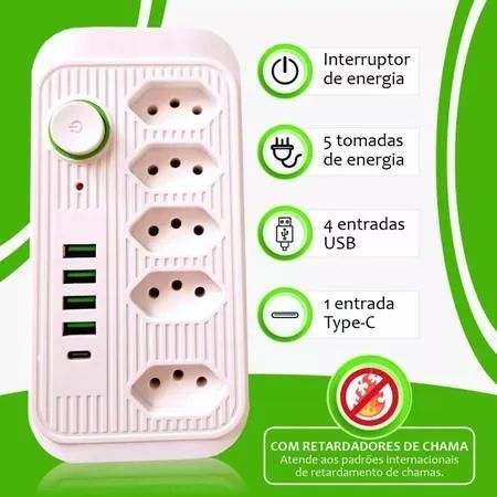 Extensão Inteligente com 5 Tomadas, USB e Type-C