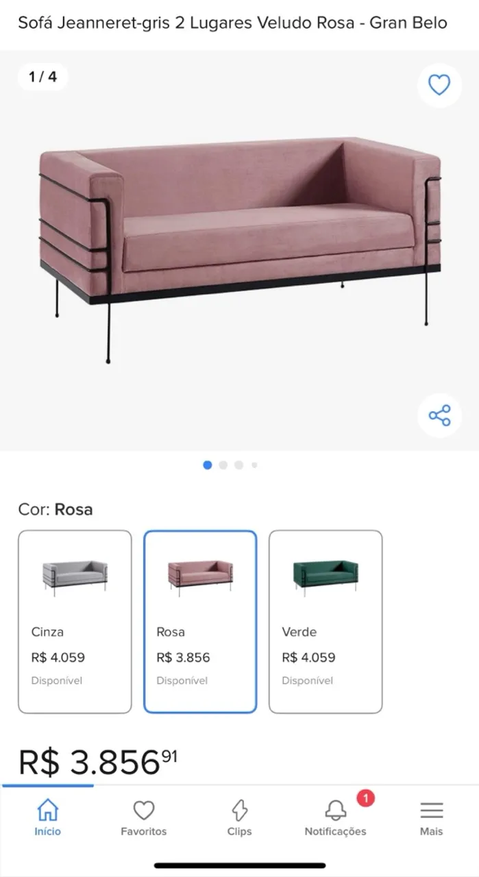 Sofá Jeanneret-gris 2 Lugares Veludo Rosa
