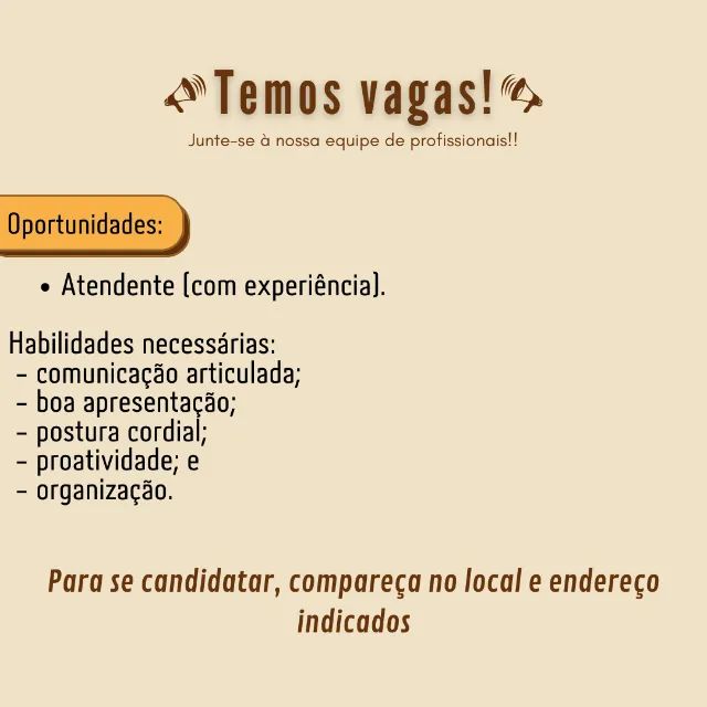 Vaga para ATENDENTE em CAFETERIA