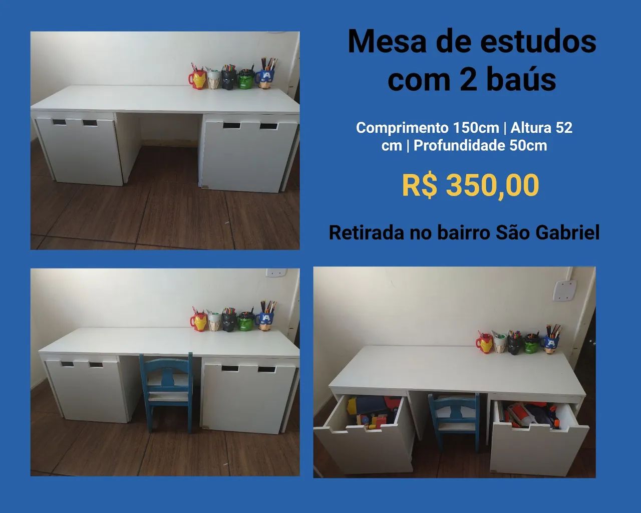 Mesa de estudos infantil com 2 baús 