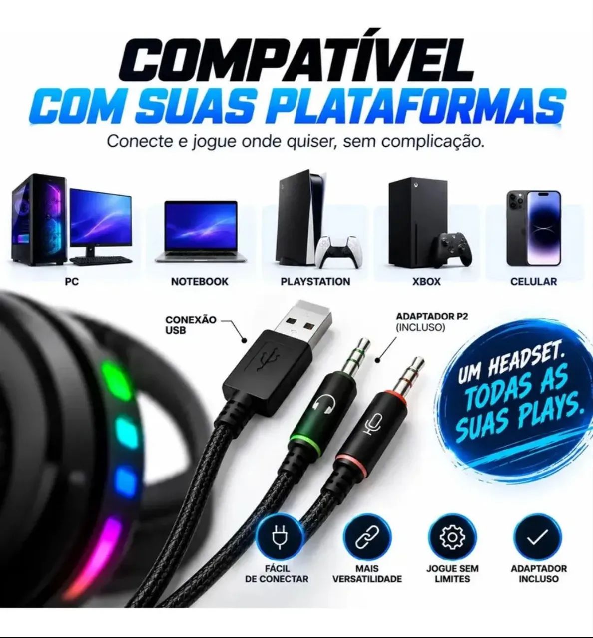 headtset gamer RGB led com microfone  - Foto 4