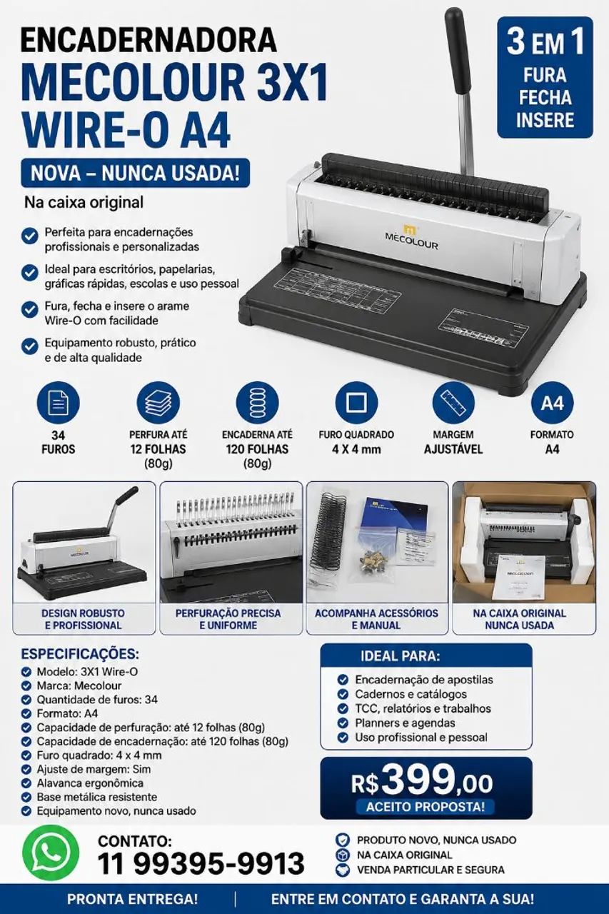 Encadernadora Mecolour 3x1 Wire-O A4 - Nova na Caixa - Nunca Usada