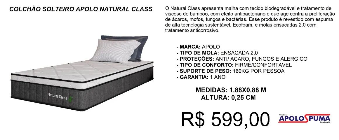 Colchão Solteiro molas natural class - frete gratuito