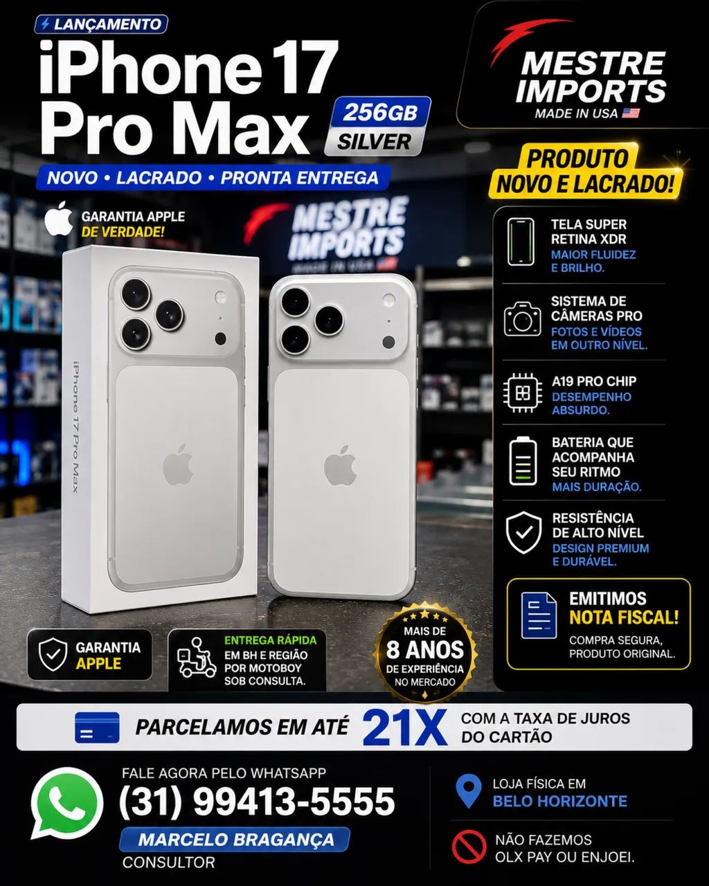 【週末セール】iPhone 17 Pro Max 256GB シルバー iPhone 17 Pro Max 256GB Silver Novo Lacrado - Celulares e