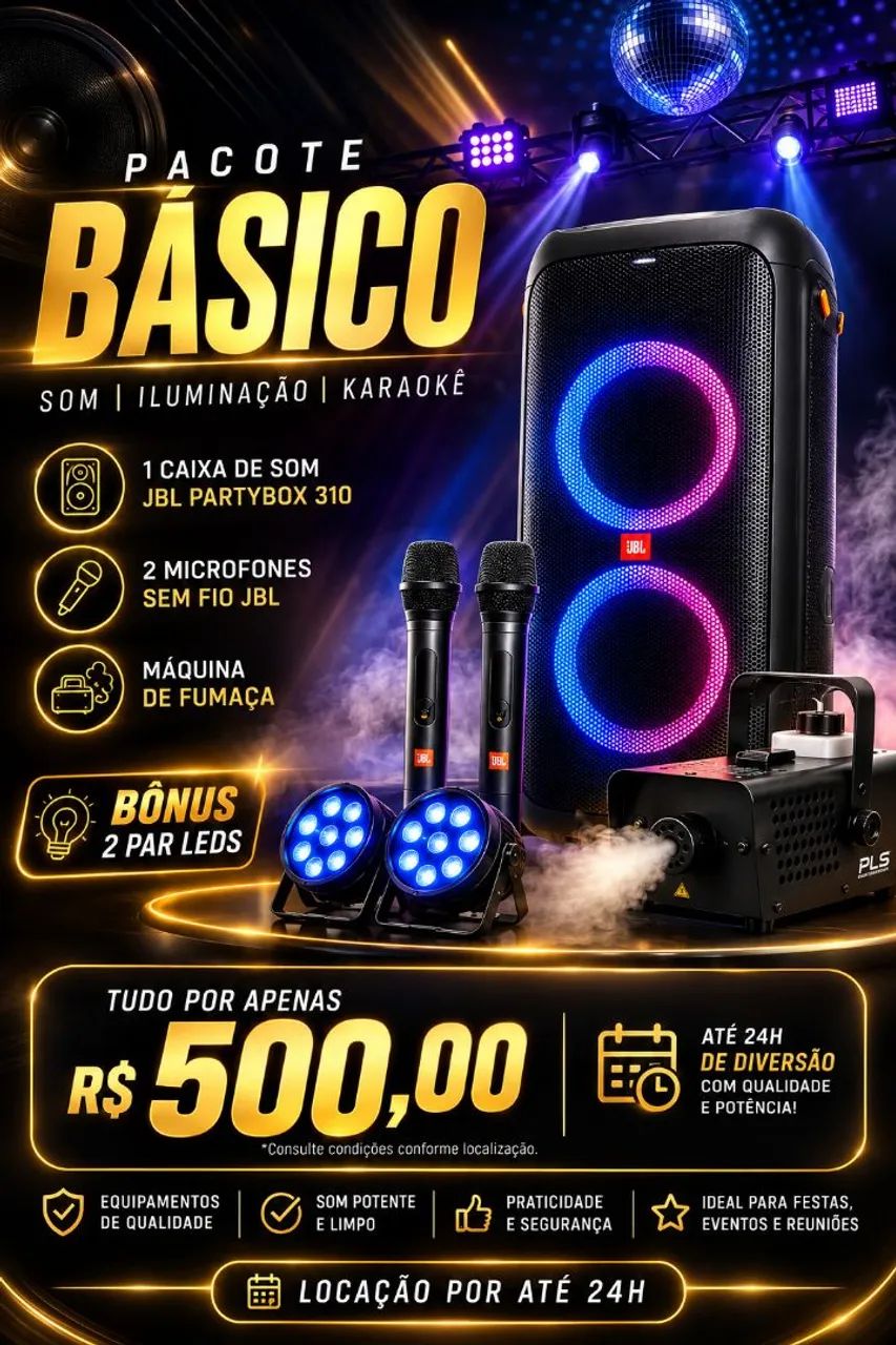 Pacote Aluguel Som + Microfone + Máquina de Fumaça + 2 Par Led