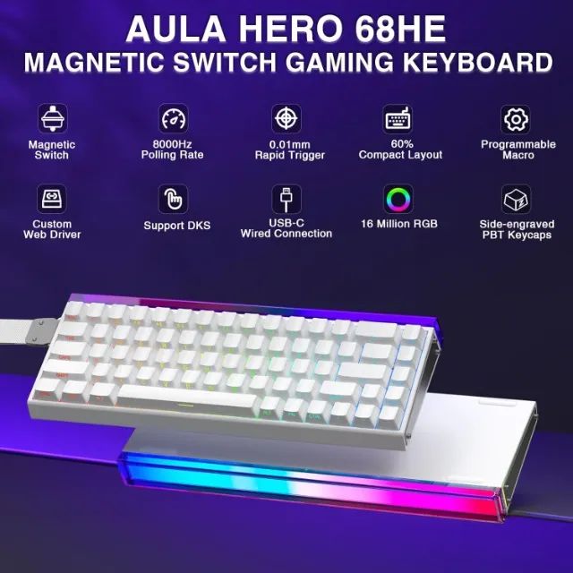 [Novo] Teclado Magnético AULA Hero 68HE Branco, 8K, Rapid Trigger, RGB, Hot Swap, PC, OEM  - Foto 3
