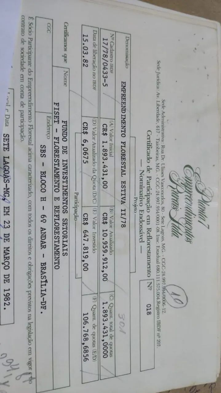 Vendo 20 títulos CPR de reflorestamento 