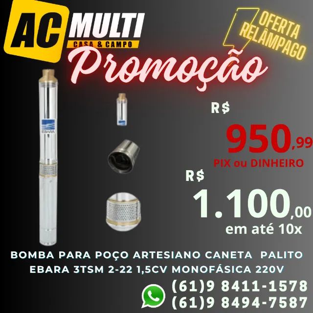 Bomba para poço artesiano caneta  palito Ebara 3TSM 2-22 1,5Cv Monofásica 220V