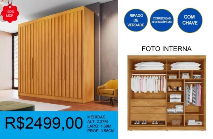 Roupeiro ripado 100% mdf com chave - frete grátis e parcelamos até 12X sem juros